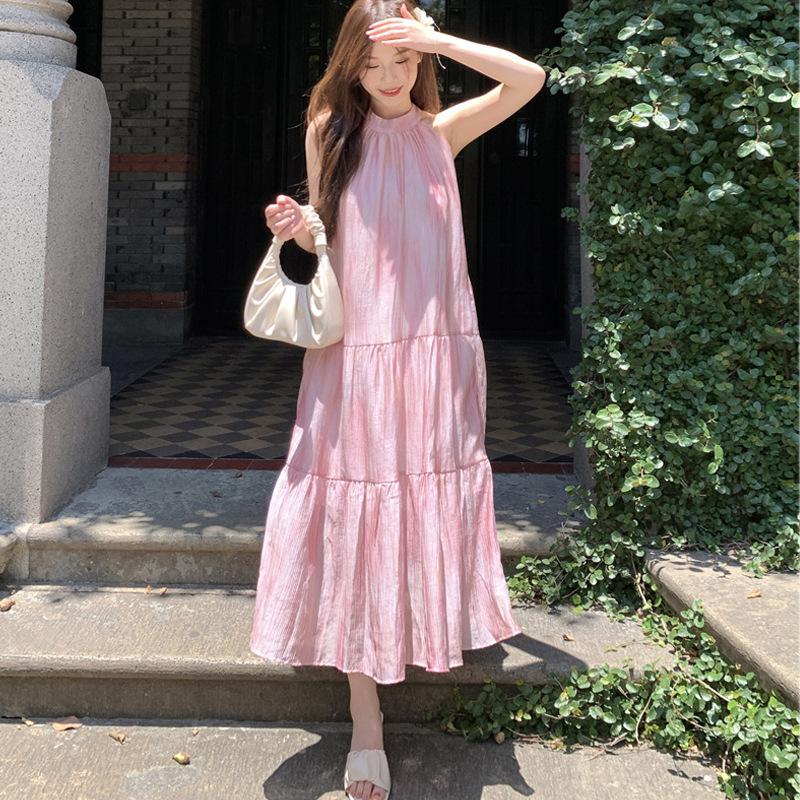 Coffee break French neck dress fairy summer temperament high sense seaside vacation beach dress