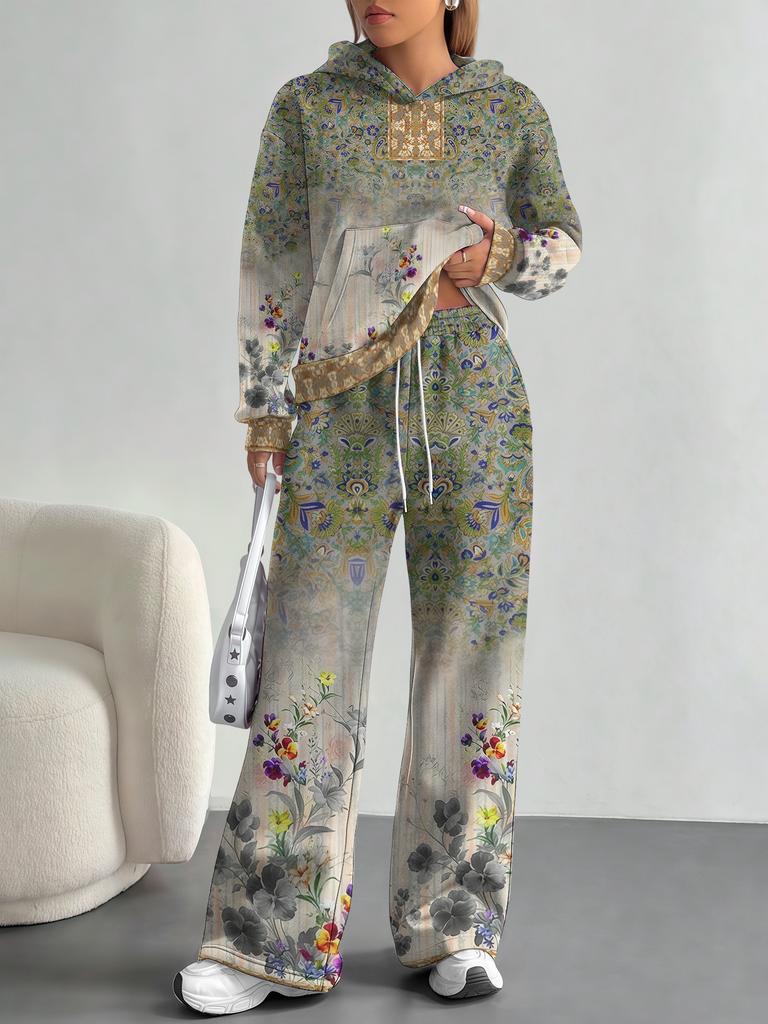 Bohemian Style European And American Autumn And Winter Casual Long-Sleeved Suit Women'S Hooded Sweater Trousers Suit