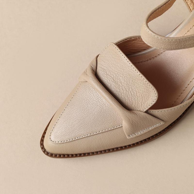 Fashion Women's New Spring/Summer Pointed Breathable Leather Cowhide Bag Heel Large Headed Middle Heel Muller Sandals
