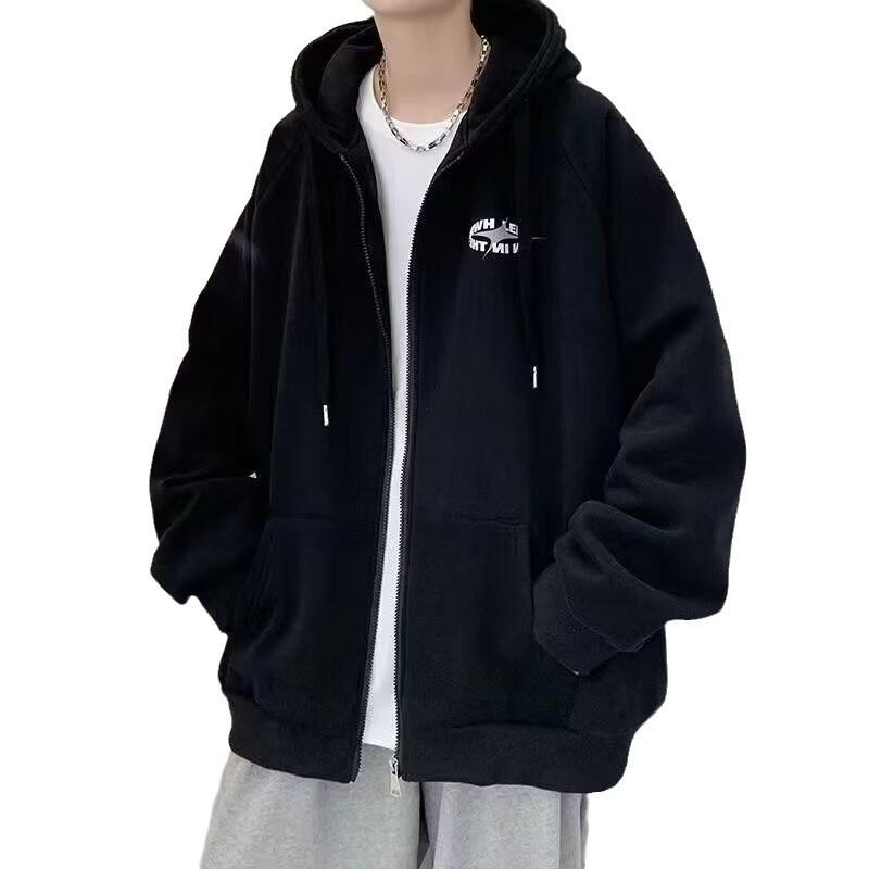 Hooded sweater men's autumn and winter American high street velvet heavy cardigan jacket spring and autumn ins trendy brand loose top