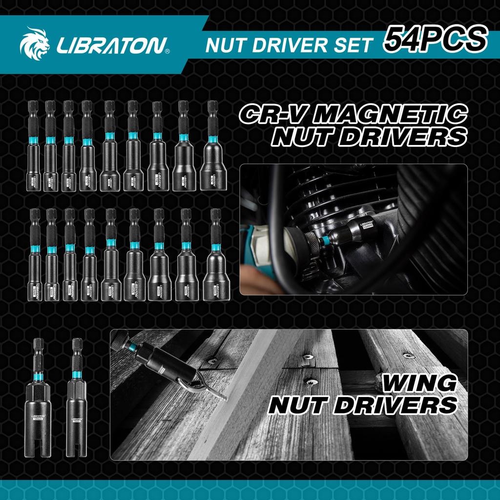 LIBRATON 54-Piece Impact Driver Socket Set, Socket Bit Set, Power Driver Bits, Socket Adapter, Bit Holder, Thumb Screw Socket, and Extension Bar