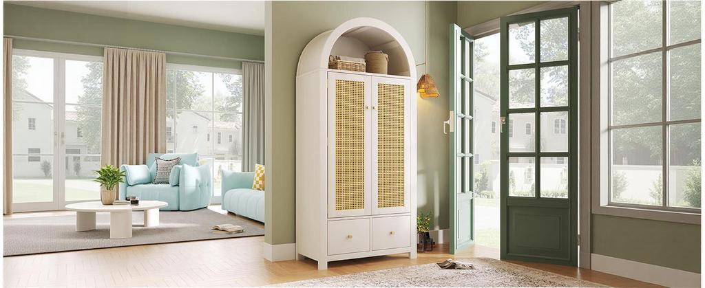 Kleiderschrank 181x78x45 cm mit Rattan-Geflecht, Landhausstil Weiß, Halbkreisförmiges Regal, 2 Türen mit Magnetverschluss, 2 Schubladen, Kleiderstange, Kippsicherung