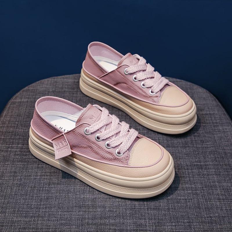 Two Wear White Shoes Women's Season Retro Round Head Sports Women's Shoes Muffin Leather Thick Baseplate Shoes