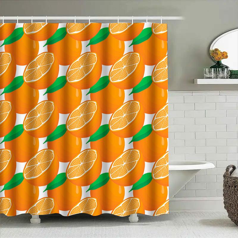 Bright Orange Shower Curtain With Green Leaves Pattern Decorative Waterproof Fabric Bathroom Accessories For Home Decoration (18