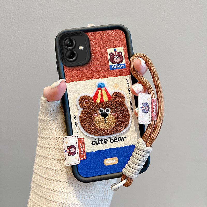 KEYSION Cartoon Cute Plush Embroidery Case for Samsung A07 4G with Lanyard Silicone Shockproof Phone Cover for Galaxy A07