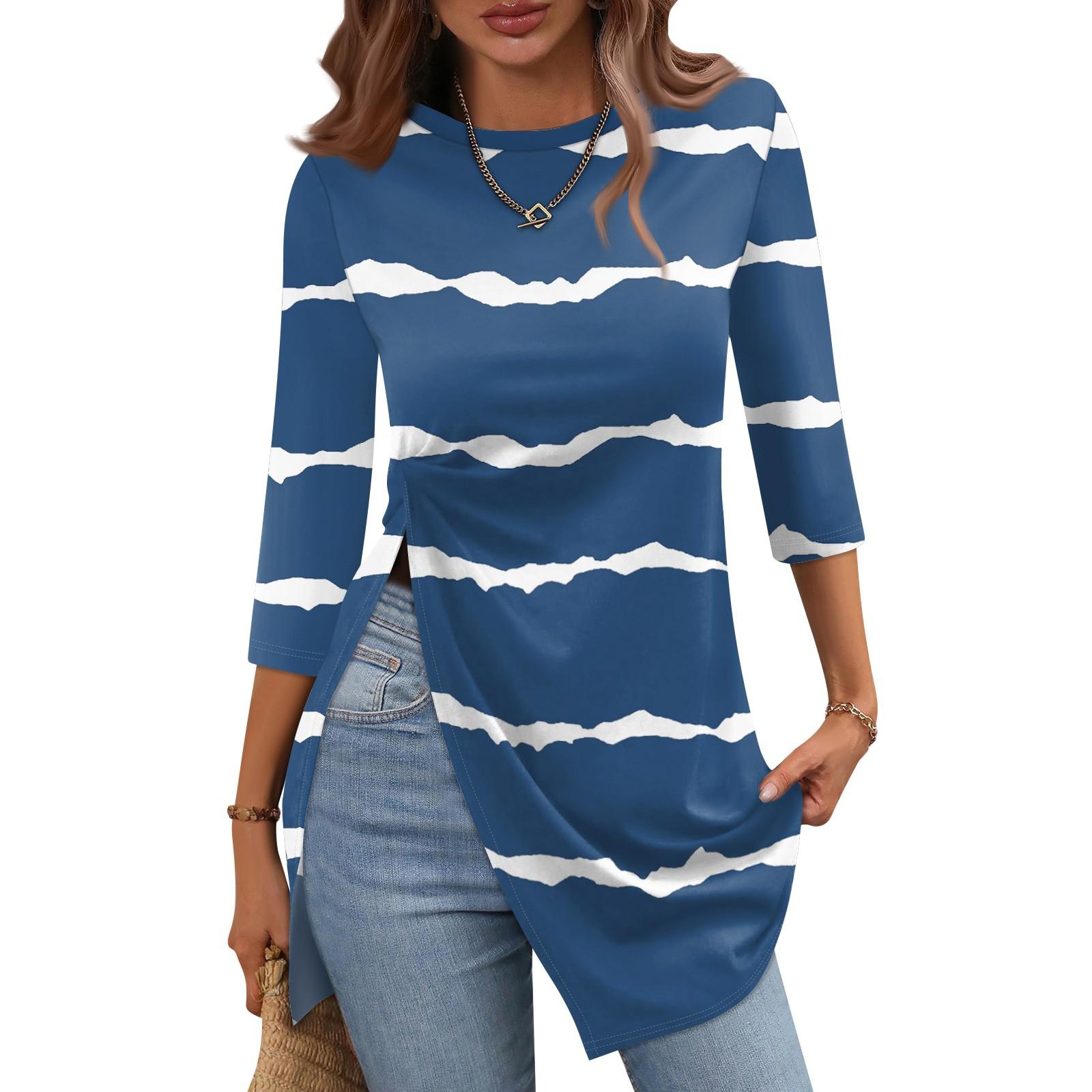 

Женская модная повседневная футболка с разрезом подол, круглый вырез, рукав 3/4, короткий рукав L синий