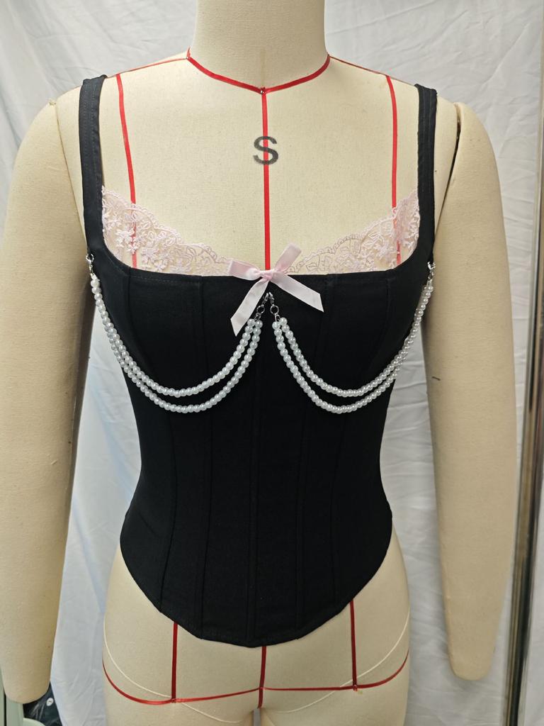 European and American Style New Women's Clothing French Splicing Pink Lace Sweet and Cool Pearl Chain Fishbone Bra Vest Women
