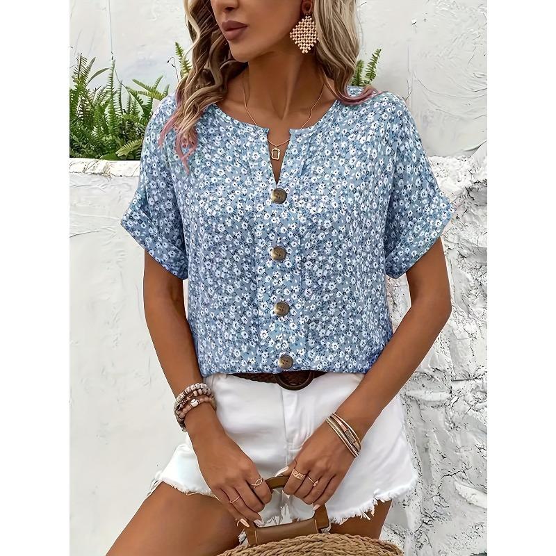 Summer Printed Women's T-shirt Elegant Floral Buttons Short Sleeve Loose Casual T-shirts Women Fashion Vintage Office Ladies Pullover Tee Tops New