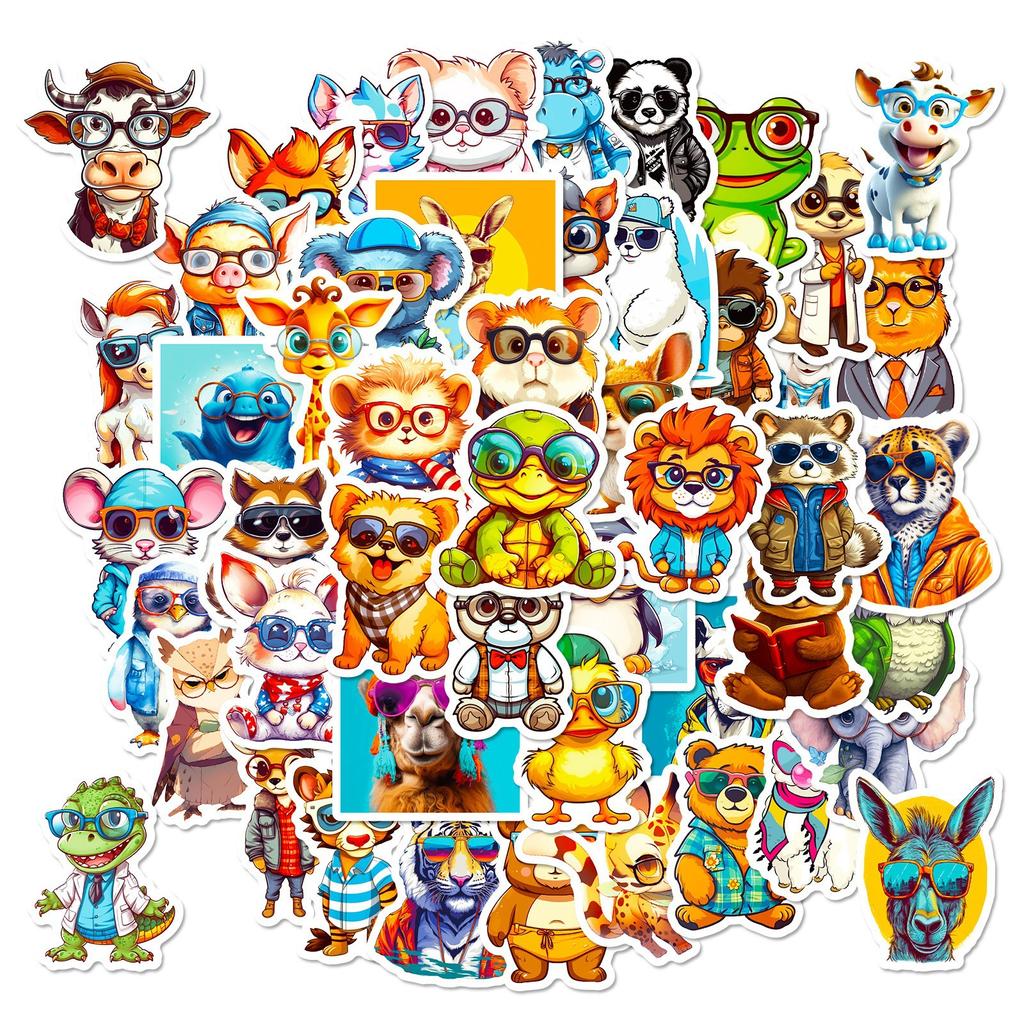 50 Small Pet Stickers with Glasses In Animals with Glasses Doodle Cartoon Waterproof Suitcase Water Cup Refrigerator Stickers