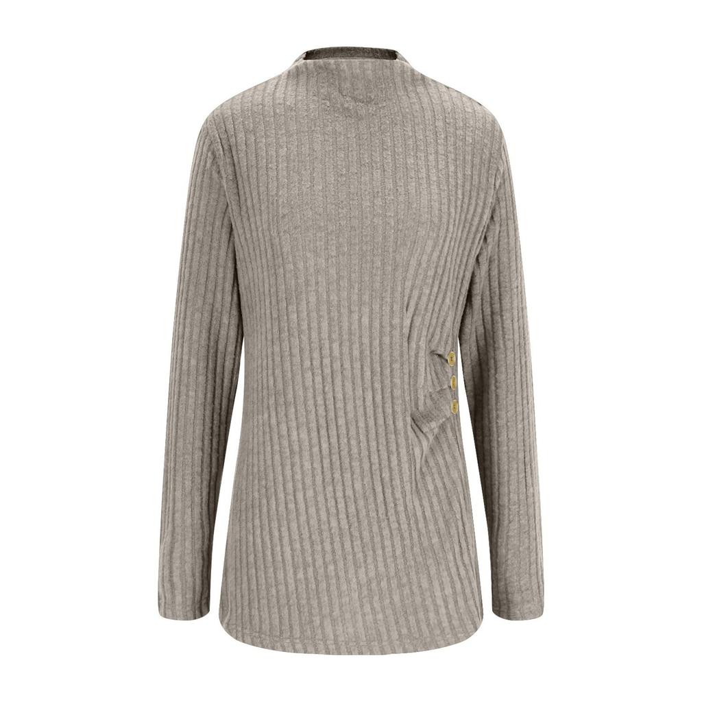 Women's Fashion Loose High Neck Side Pleated Button Long Sleeve T-Shirt Knit Top