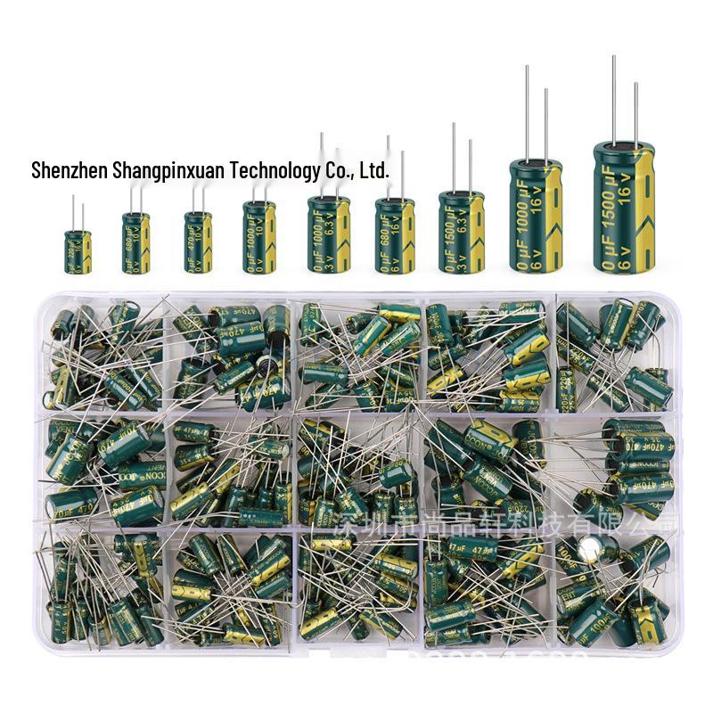 225-Piece High-Frequency Aluminum Electrolytic Capacitor Kit, 15 Varieties, 16V-50V Through-Hole, Green.