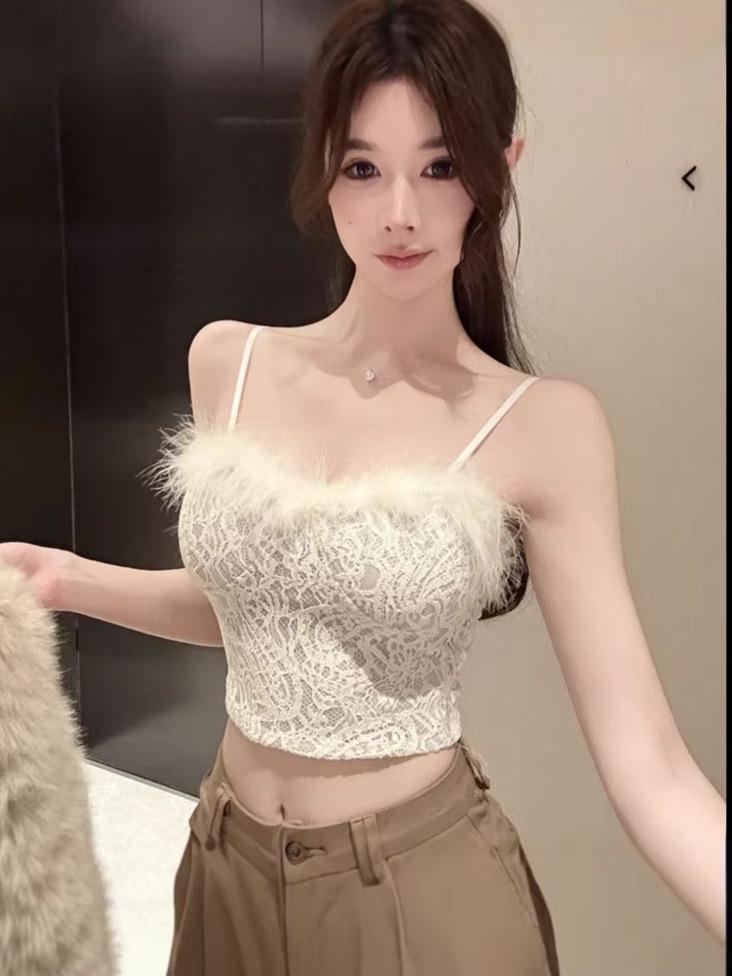 Elegant Lace Feather Strapless Camisole with Fur Lining, Women's Autumn/Winter Bandeau Tank Top