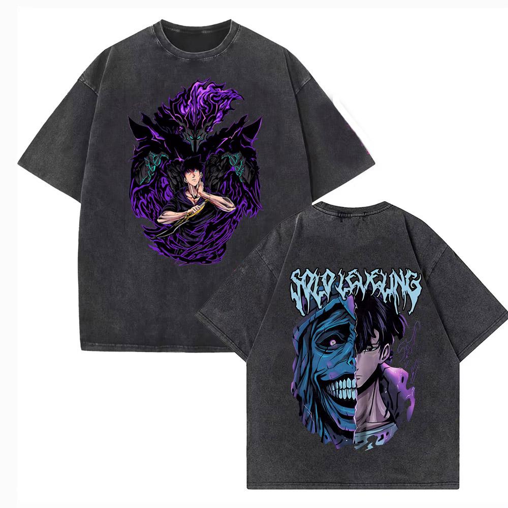 Vintage Washed Japanese Anime Solo Leveling T Shirt Men Sung Jinwoo Cartoon Harajuku Short Sleeve High Quality Cotton Tshirt
