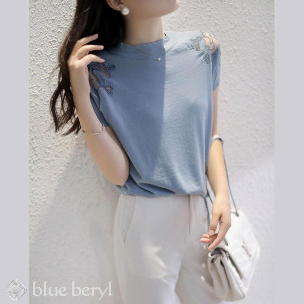 Summer knit top for short lace round cool summer regular slimming adult easy women, sleeves, trim, see-through, neck, thin, knit, fashionable,