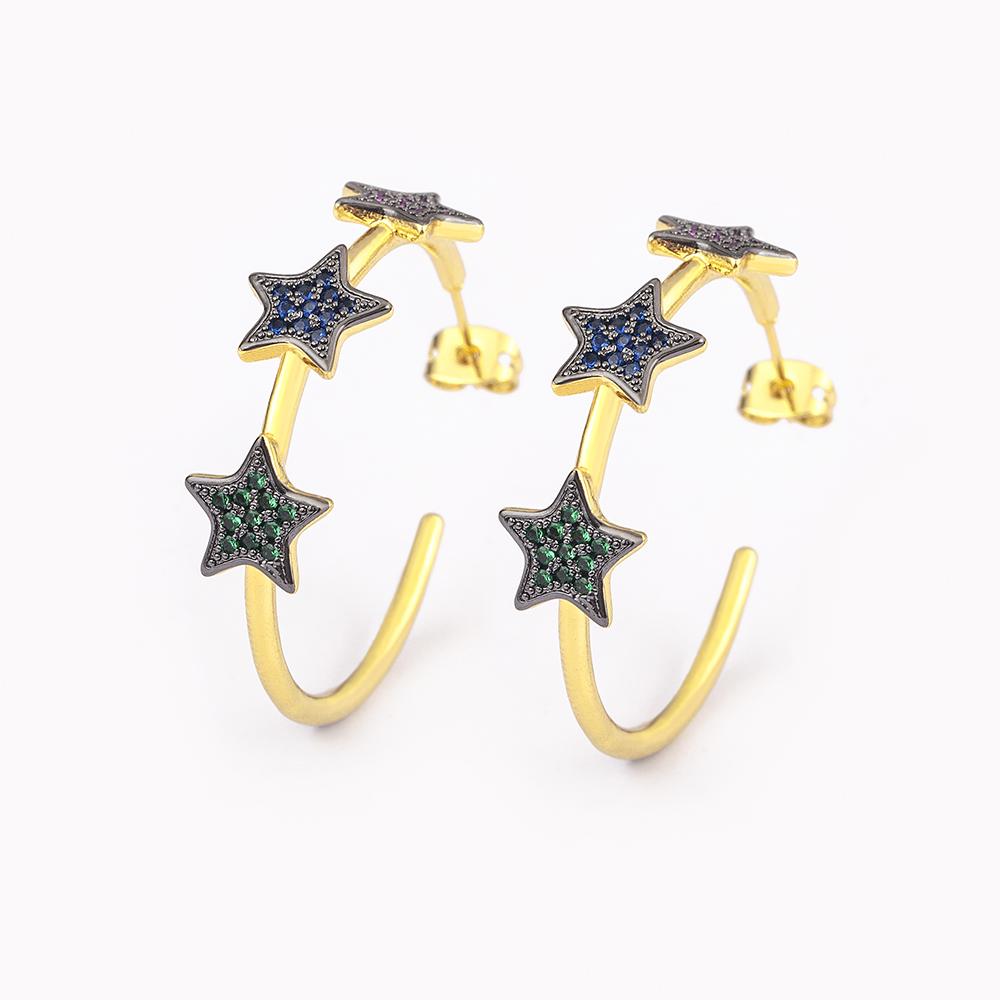 Nidin Romantic Heart and Star Shape Fashion Lightning Colorful Zircon C Shape Hoop Circle Earrings Christmas Jewelry Wholeasale