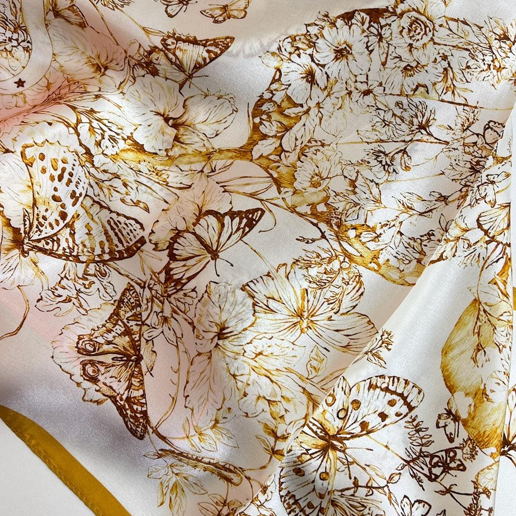 Early Spring Mulberry Silk Scarf British Yellow Butterfly Versatile Foreign Silk Printing Temperament Chinese Square Scarf Woman
