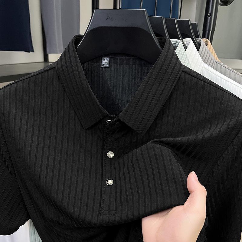 Men's Striped Ice Silk Polo: Short-Sleeved, Lapel Collar, Breathable Summer T-Shirt