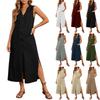 Sleeveless Button Front V Neck Long Casual Dress with Side Slits and Patch Pockets for Women Summer Everyday Wear