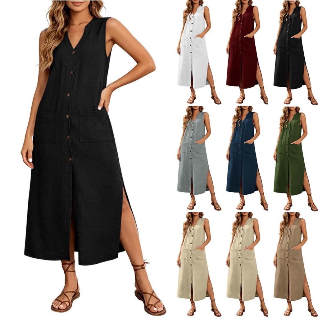 Sleeveless Button Front V Neck Long Casual Dress with Side Slits and Patch Pockets for Women Summer Everyday Wear