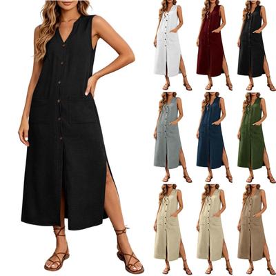 Sleeveless Button Front V Neck Long Casual Dress with Side Slits and Patch Pockets for Women Summer Everyday Wear