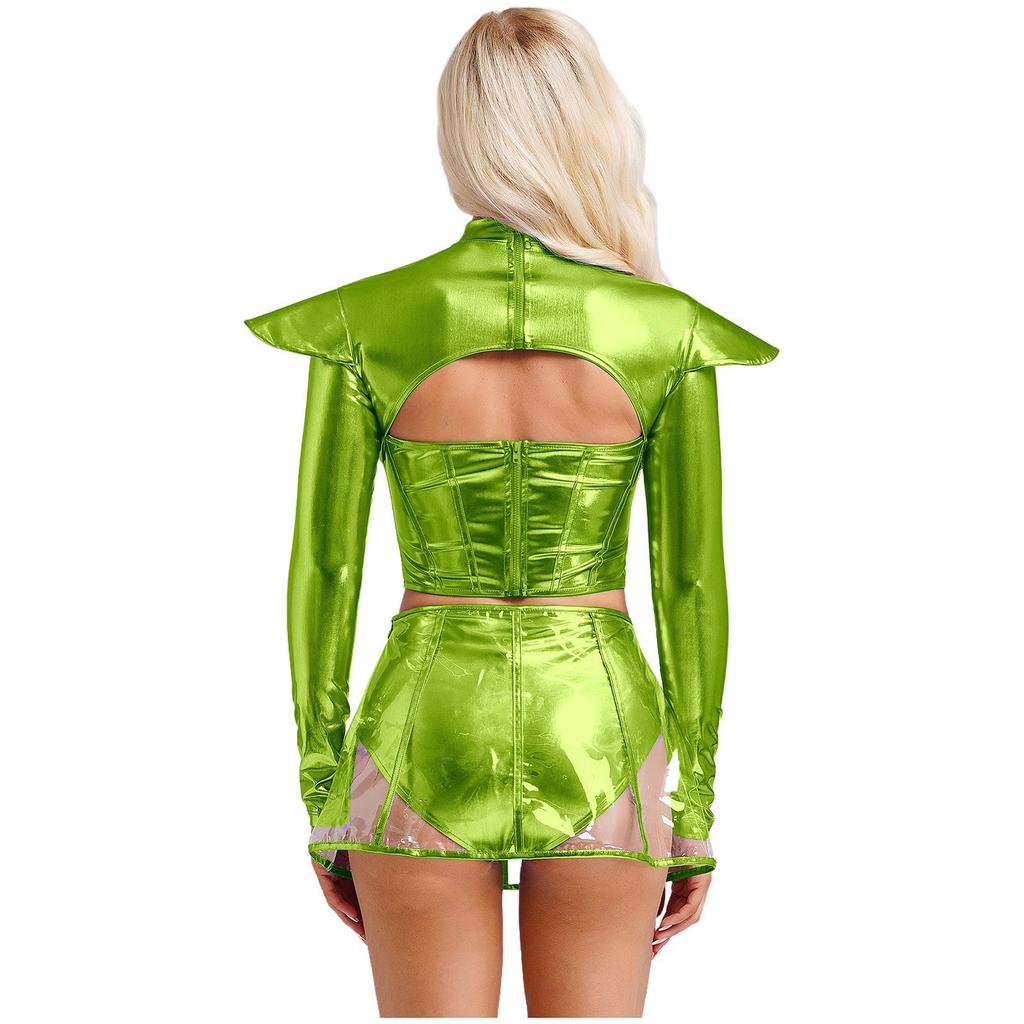 Womens Alien Costume Long Sleeve Hollow Out Cropper Top Transparent Skirt Space Themed Club Wear Outfit