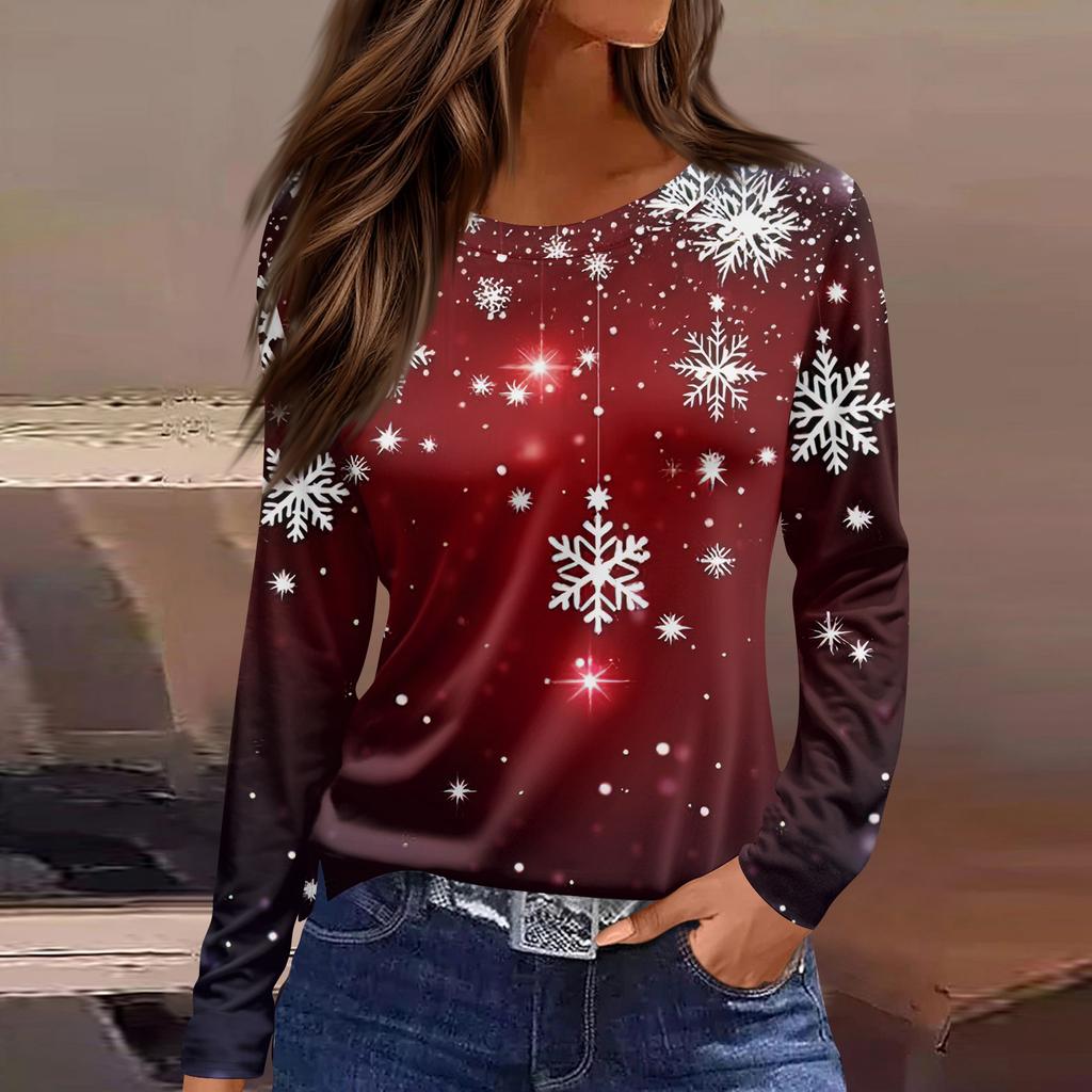 Women's Fashion Casual Slit Hem Round Neck Long Sleeve Loose Christmas Printed T-Shirt Ladies Top