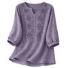 Blusa de Algodón y Lino para Mujer Bordada Floral Cuello en V Manga 3/4 Tops Casuales de Corte Holgado Camisas Tunica para Oficina Vacaciones Streetwear