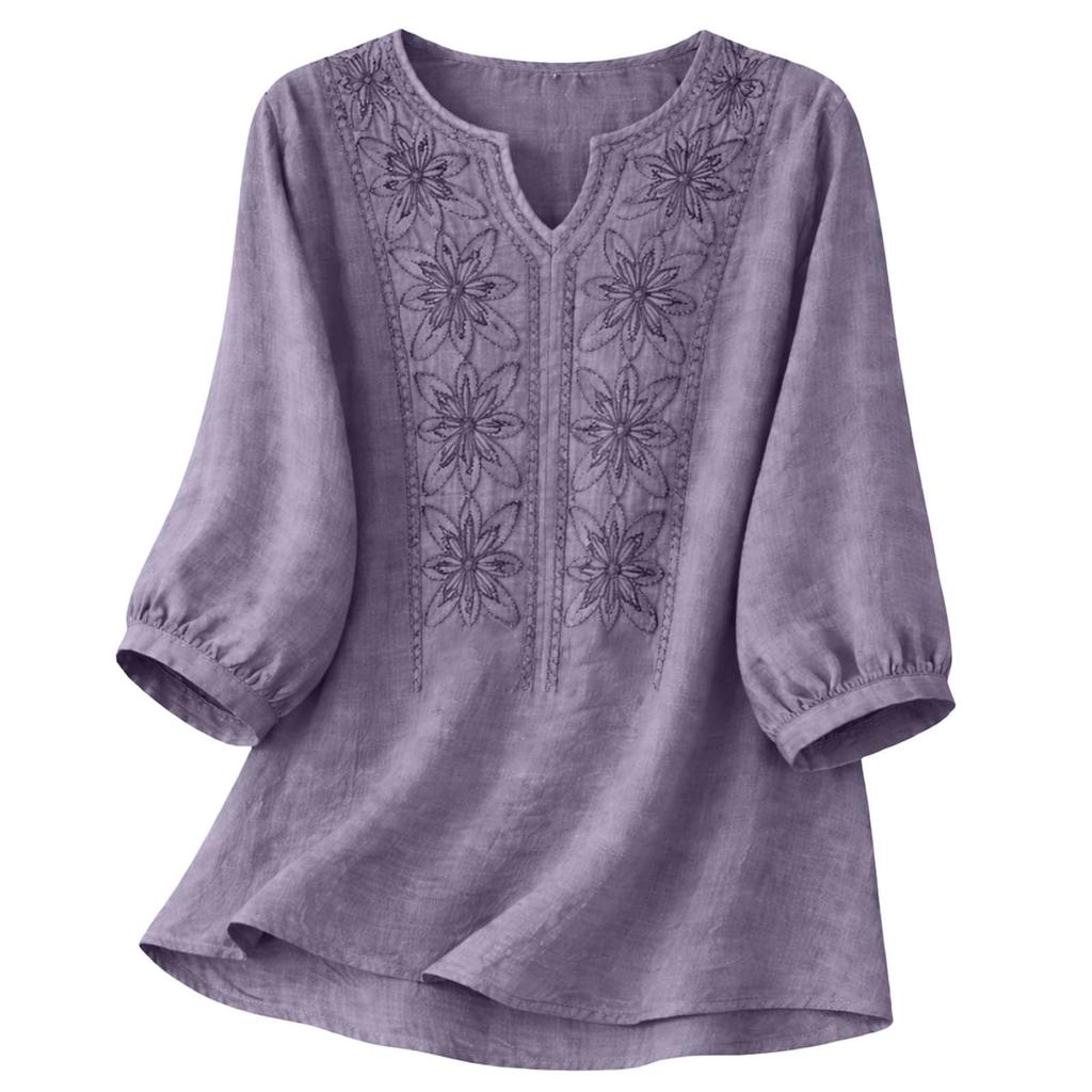 Blusa de Algodón y Lino para Mujer Bordada Floral Cuello en V Manga 3/4 Tops Casuales de Corte Holgado Camisas Tunica para Oficina Vacaciones Streetwear