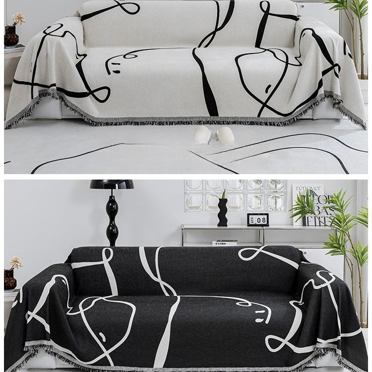 Simple Black Line Geometric Chenille Sofa Blanket Cover Dust-Proof Cloth for All Seasons Double-Sided Home Decor