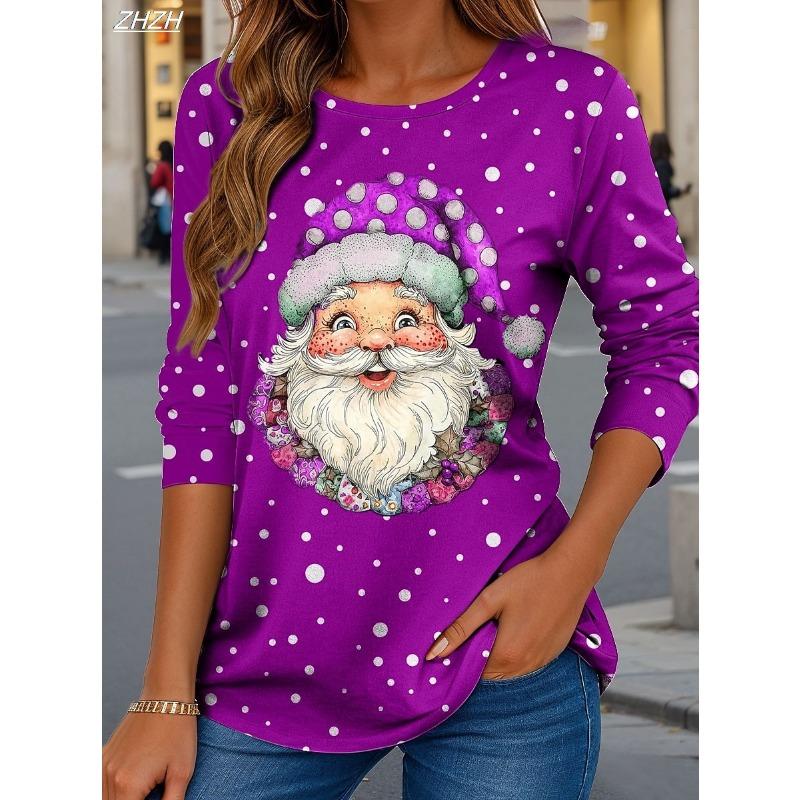 2025 Christmas Women's T Shirt Graphic Santa Claus Fashion Casual Long Sleeve T-shirt Crew Neck Regular Tops Print Spring Fall