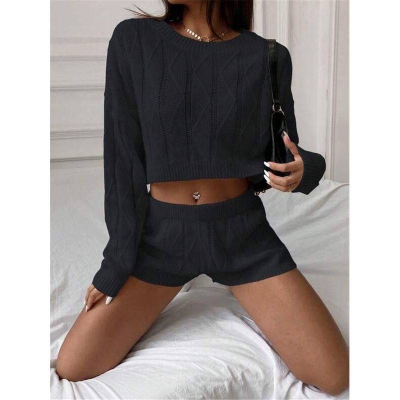 

Fashion Style 2024 New Fall Women s Clothing Fashion Casual Set round Neck Long Sleeves Knitting Sweater Shorts Two-piece Set Black L