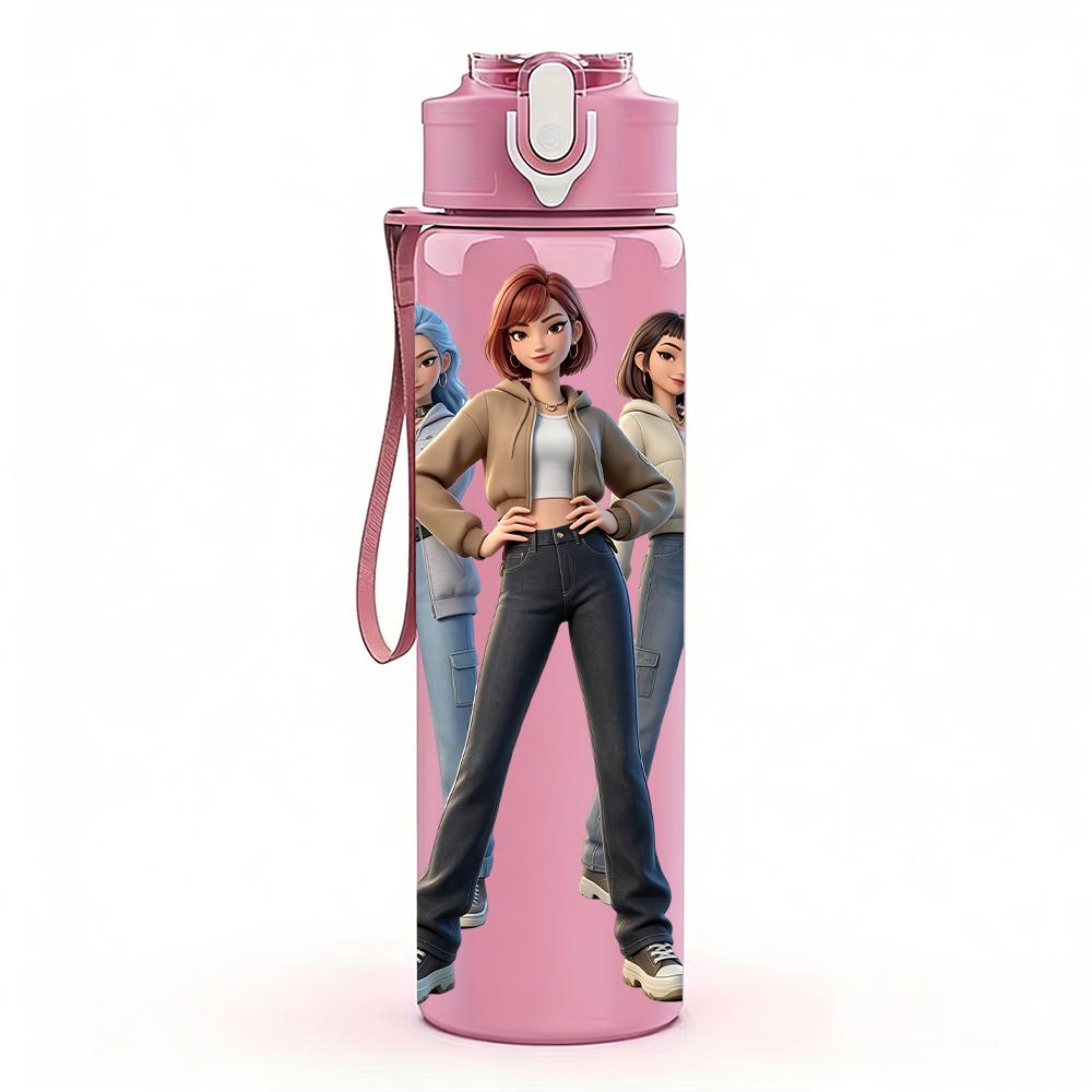 1PC Three Casual Fashion Girls Standing 750ml Color Plastic Sports Water Bottle Leakproof Flip Straw Lid Suitable for Sports Office Home Use