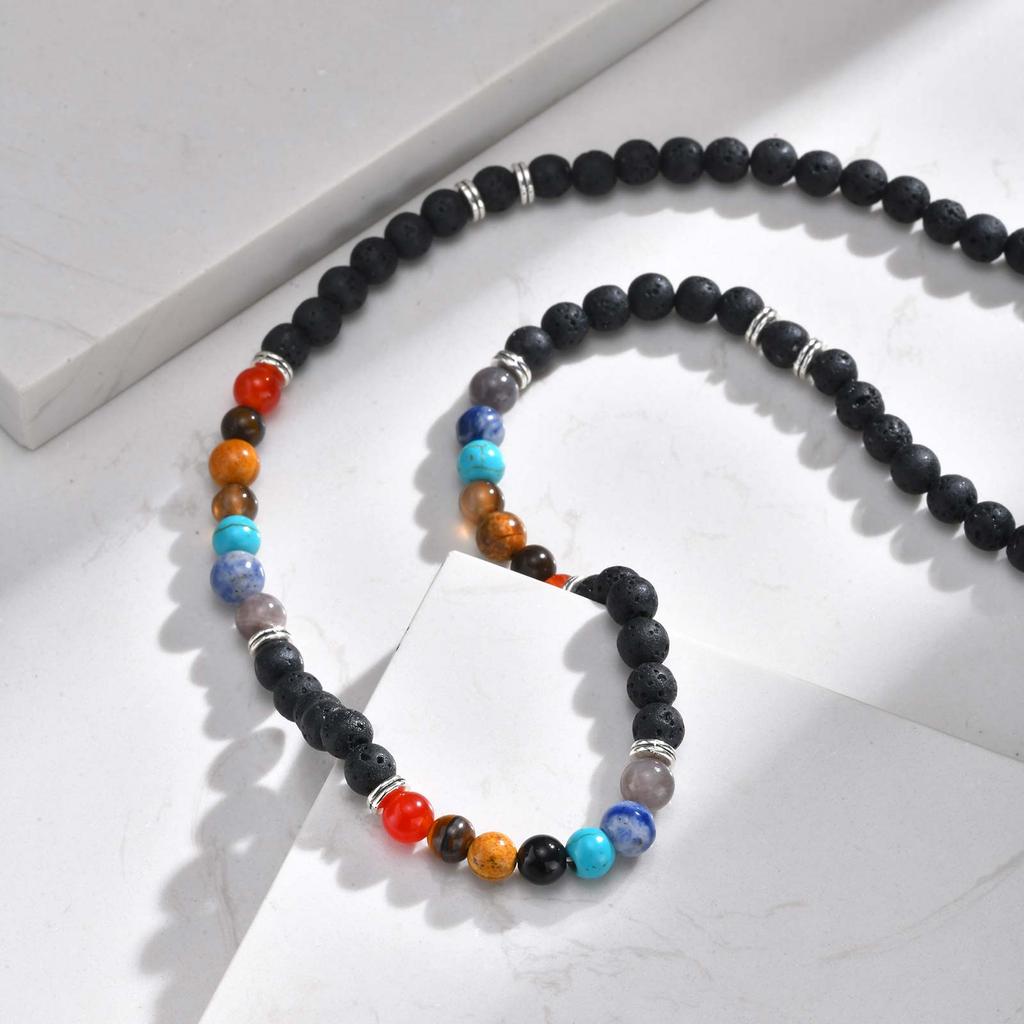 Boho Colorful Natural Stone Beaded Necklace, Vintage Trendy Stainless Steel Choker Necklace for Men, Waterproof Jewelry Gift