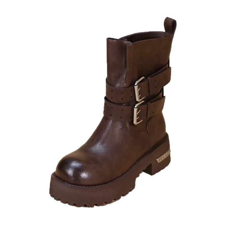 2025 Dámské podzimní/zimní boty Martin v britském stylu: Kotníkové boty na silné podrážce, s kulatou špičkou a zeštíhlující přezkou v pase