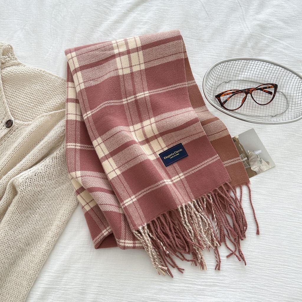 New Classic Korean Style Double Sided Plaid Tassel Scarf for Women Winter College Style Couple Versatile Warm Scarf