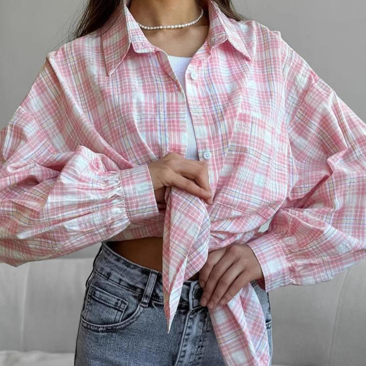 1116 Herbst Amerikanischer College-Stil Rosa Karoshemd Damen Street Top Lässiges Langarmhemd Damenbekleidung