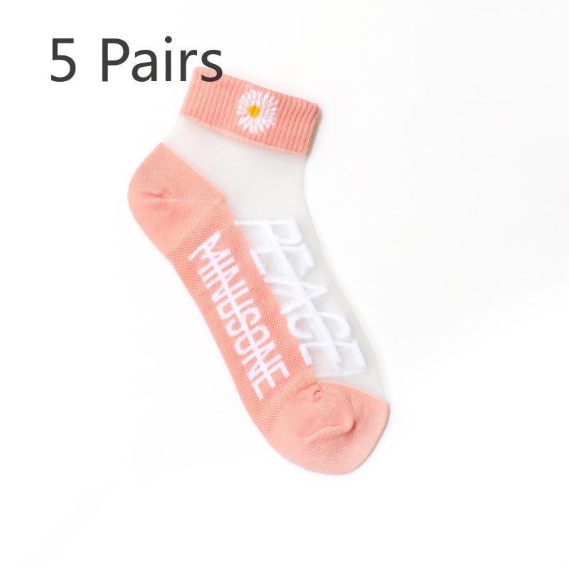 5 Pairs of Ladies Spring and Summer New Small Daisy Crystal Silk Short Boat Socks