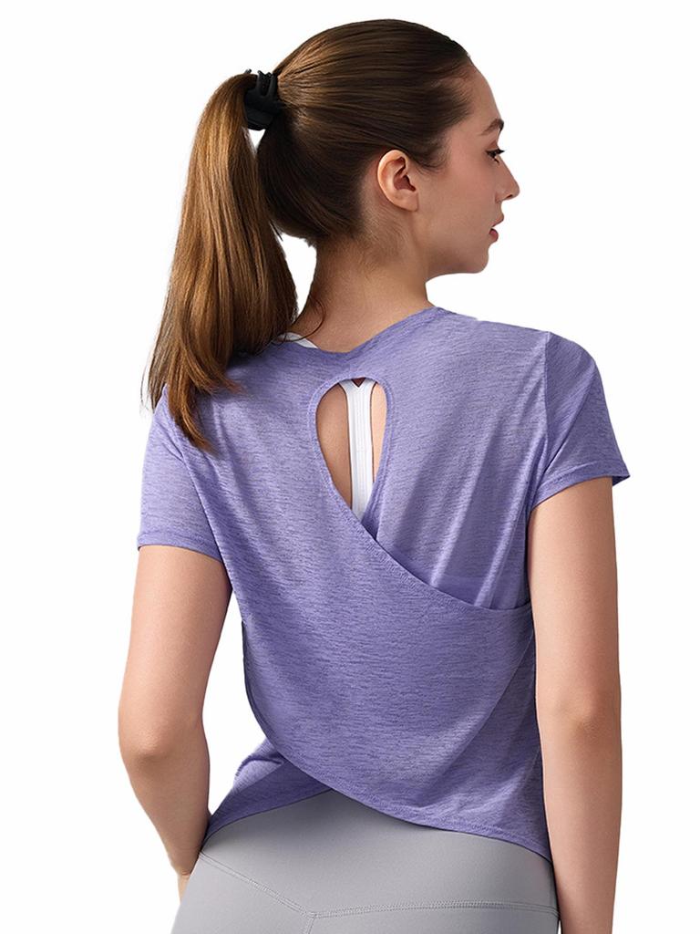 Women's Breathable Short Sleeve Yoga T-Shirt with Hollow Beautiful Back - Lightweight Dance Fitness Cover-Up Running Top