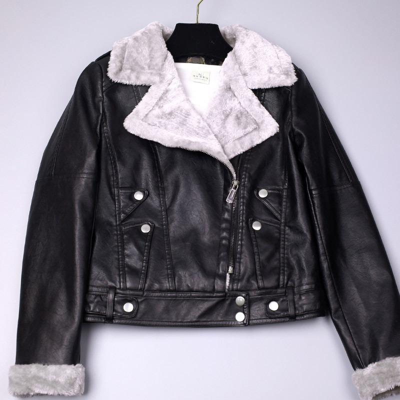 Pu Leather Women's Winter Short Motorcycle Jacket Big Lapel Long-sleeved Plus Velvet Thick Leather Jacket Women