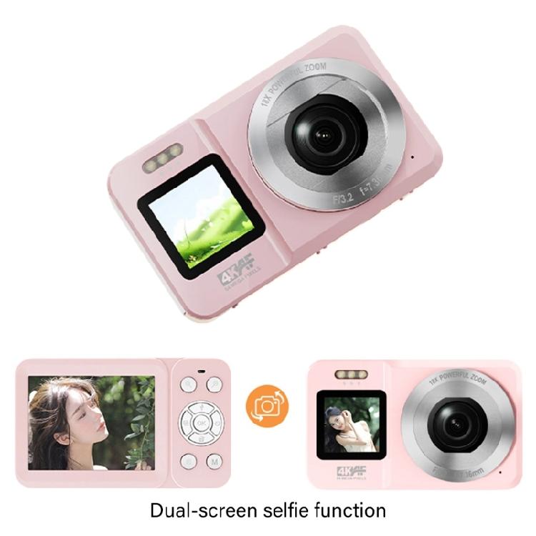 Double Screen Selfie Camera 4K 64MP 18X Zoom Portable Digital Camera Pink for Vloggings School Trip