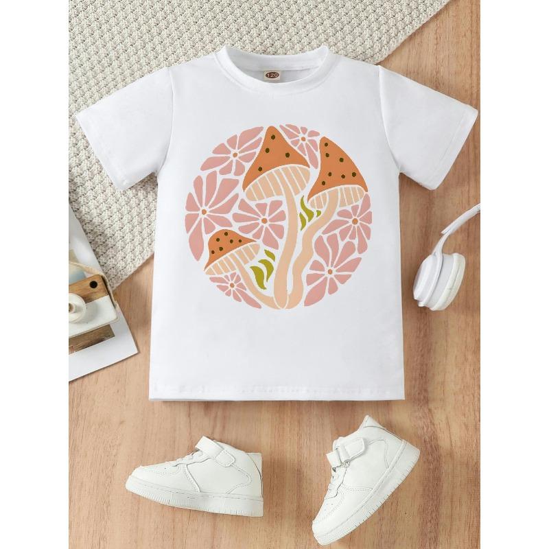 European sizes Adorable Mushroom And Flower Print | Stylish And Casual Crew Neck T-Shirt For Girls, Perfect For Summer And Holiday Gifts