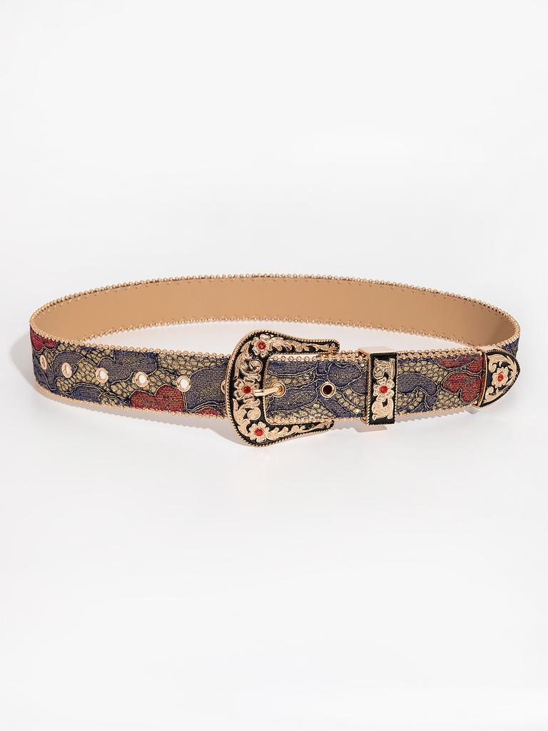 1pc women's gemstone engraved buckle multi- palace irregular flower embroidery oil painting pattern PU belt