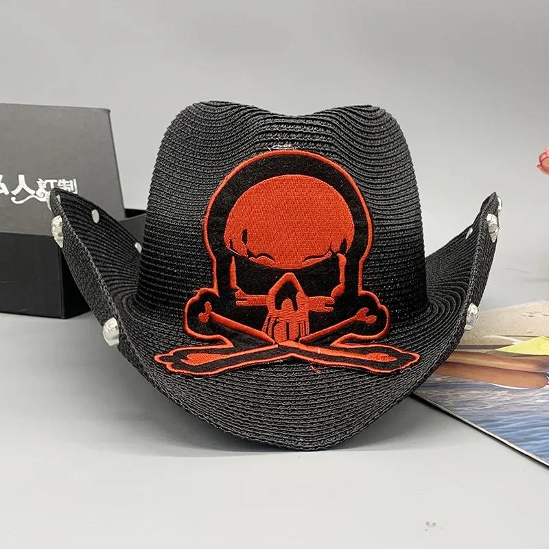 

Black Paper Braided Cowboy Hat with Skull Decor for Festival Party, Unisex 54-57cm красный