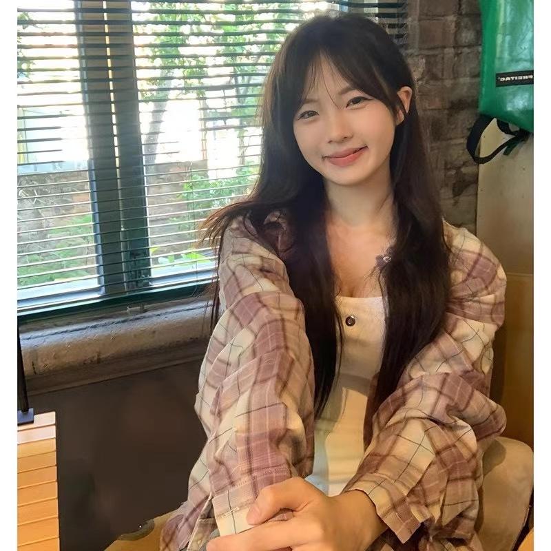 Women's Korean Style Plaid Long-Sleeve Jacket - Spring/Autumn Casual Loose Fit