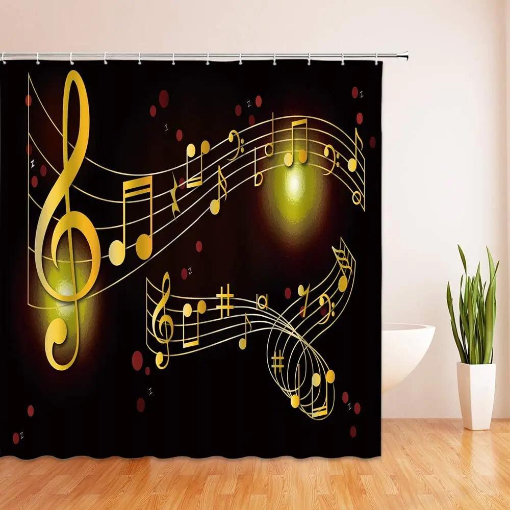 Music Shower Curtain,Black And White Music Notes Bathroom Shower Curtains Polyester Fabric Fashion Gray Bathroom Set With Hooks