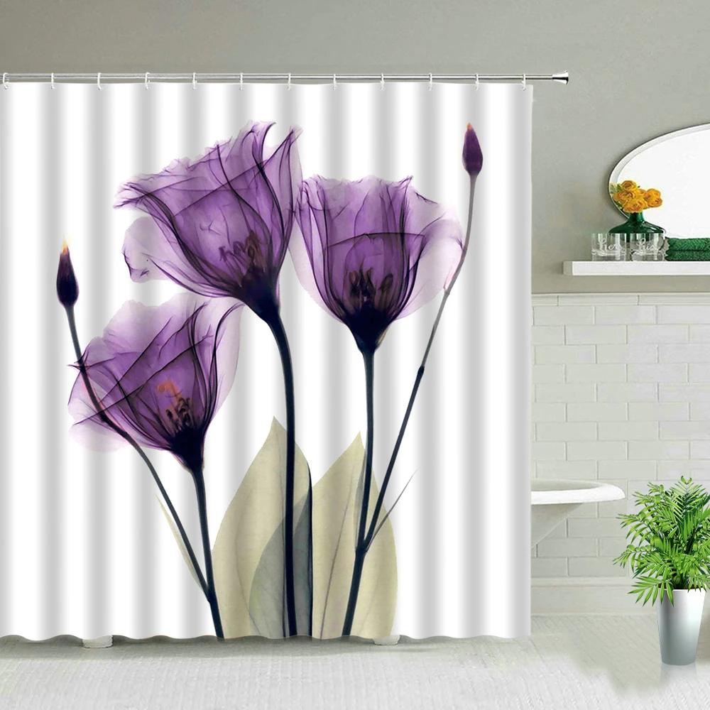 Plant Series Shower Curtains Bathroom Waterproof Polyester Cloth Curtain Set Flowers Print Screens For Bathtub Decor With Hooks