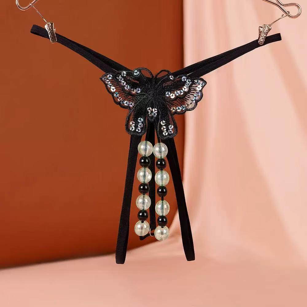 Jade Clam Luminous Pearl Massage Thong - XL Seductive Open Crotch Double Row Panties
