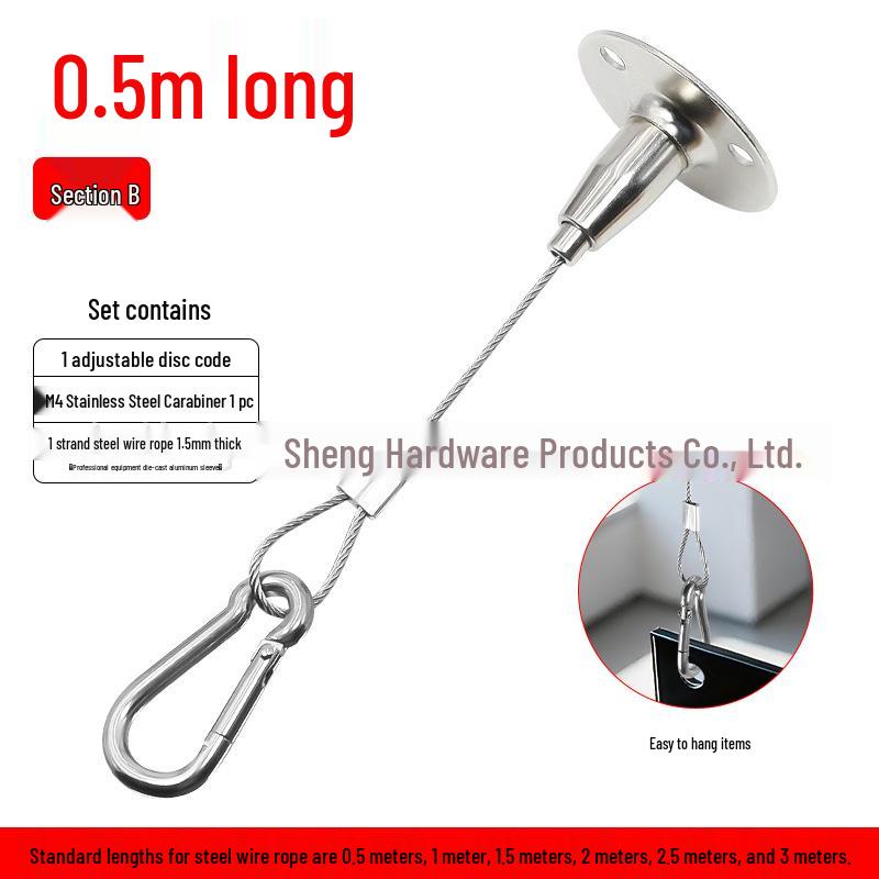 

1.5mm Stainless Steel Adjustable Hanging Rope with Carabiner and Round Plate for Lighting, Picture Hangers, and Flower Baskets