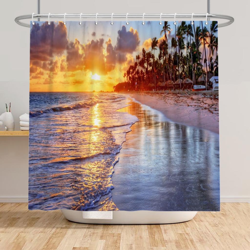 Beach Vacation Shower Curtain Tropical Palm Trees Ocean Waves Starfish Sandy Shore Pattern Waterproof Polyester Bathroom Decor