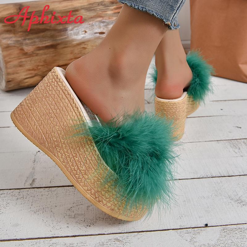 Fashion Aphixta Furry Green Wedge Platform Slides Women's Shoes 9cm Slippers Flip Flops Heels Shoes Beach Sandals Plus Size 43